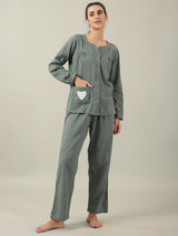 Women's Green Daily Solid Full Sleeves Pyjama Set
