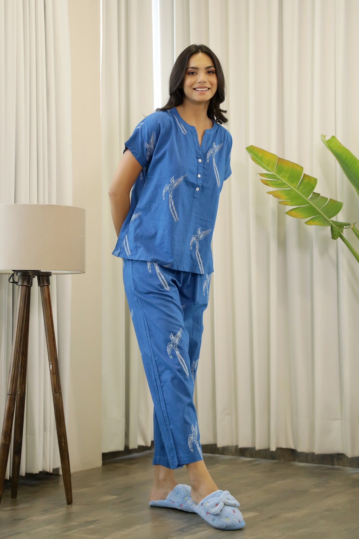 Women's Blue Daily Printed Half Sleeves Pyjama Set