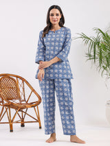 Women's Blue Daily Printed Three Quarter Sleeves Pyjama Set