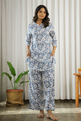 Women's Blue Daily Three Quarter Sleeves Pyjama Set
