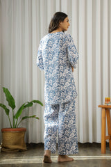 Women's Blue Daily Three Quarter Sleeves Pyjama Set