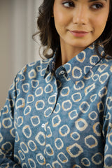 Women's Blue Daily Printed Three Quarter Sleeves Pyjama Set