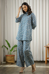 Women's Blue Daily Printed Three Quarter Sleeves Pyjama Set