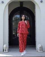 Women's Red Daily Printed Full Sleeves Pyjama Set