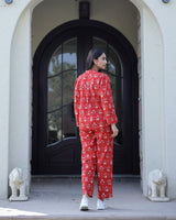 Women's Red Daily Printed Full Sleeves Pyjama Set