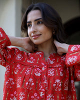Women's Red Daily Printed Full Sleeves Pyjama Set