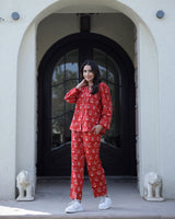 Women's Red Daily Printed Full Sleeves Pyjama Set
