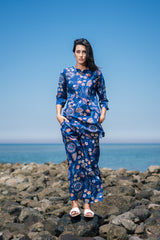 Women's Blue Daily Three Quarter Sleeves Pyjama Set