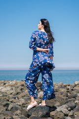 Women's Blue Daily Three Quarter Sleeves Pyjama Set