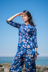 Women's Blue Daily Three Quarter Sleeves Pyjama Set