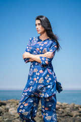 Women's Blue Daily Three Quarter Sleeves Pyjama Set