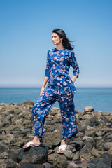Women's Blue Daily Three Quarter Sleeves Pyjama Set