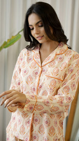 Women's Beige Daily Printed Full Sleeves Pyjama Set