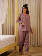 Women's Purple Daily Solid Full Sleeves Pyjama Set