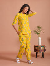 Women's Yellow Daily Printed Three Quarter Sleeves Pyjama Set