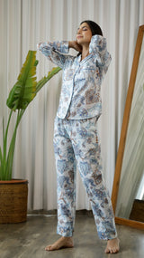 Women's Gray Daily Printed Full Sleeves Pyjama Set