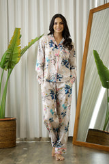 Women's Beige Daily Printed Full Sleeves Pyjama Set