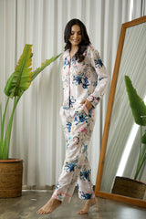 Women's Beige Daily Printed Full Sleeves Pyjama Set
