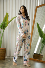 Women's Beige Daily Printed Full Sleeves Pyjama Set