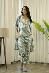 Women's Green Daily Printed Three Quarter Sleeves Pyjama Set