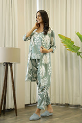 Women's Green Daily Printed Three Quarter Sleeves Pyjama Set