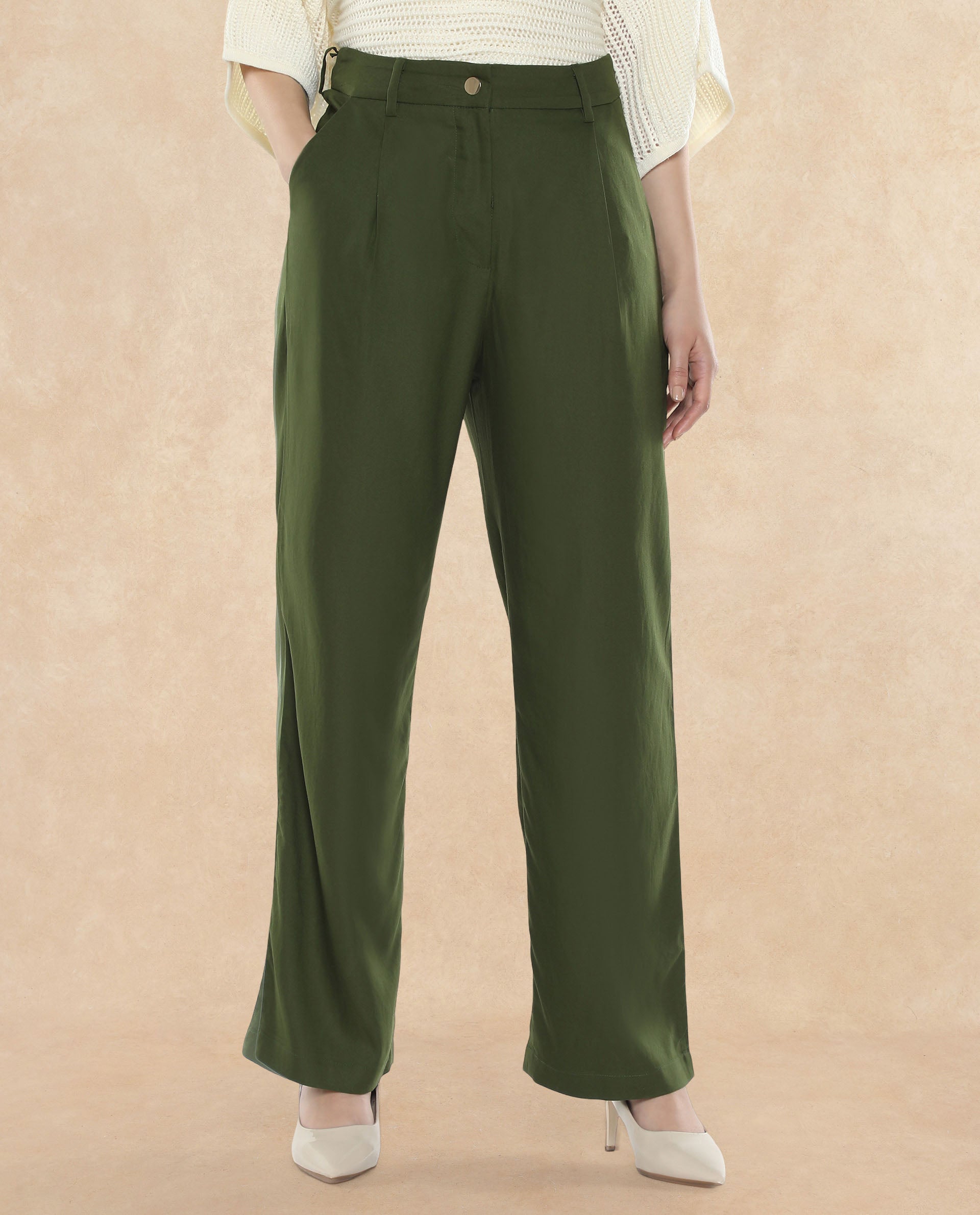Women's Olive Polyester Plain Ankle Length Wide Trouser