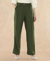 Women's Olive Polyester Plain Ankle Length Wide Trouser