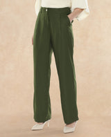 Women's Olive Polyester Plain Ankle Length Wide Trouser