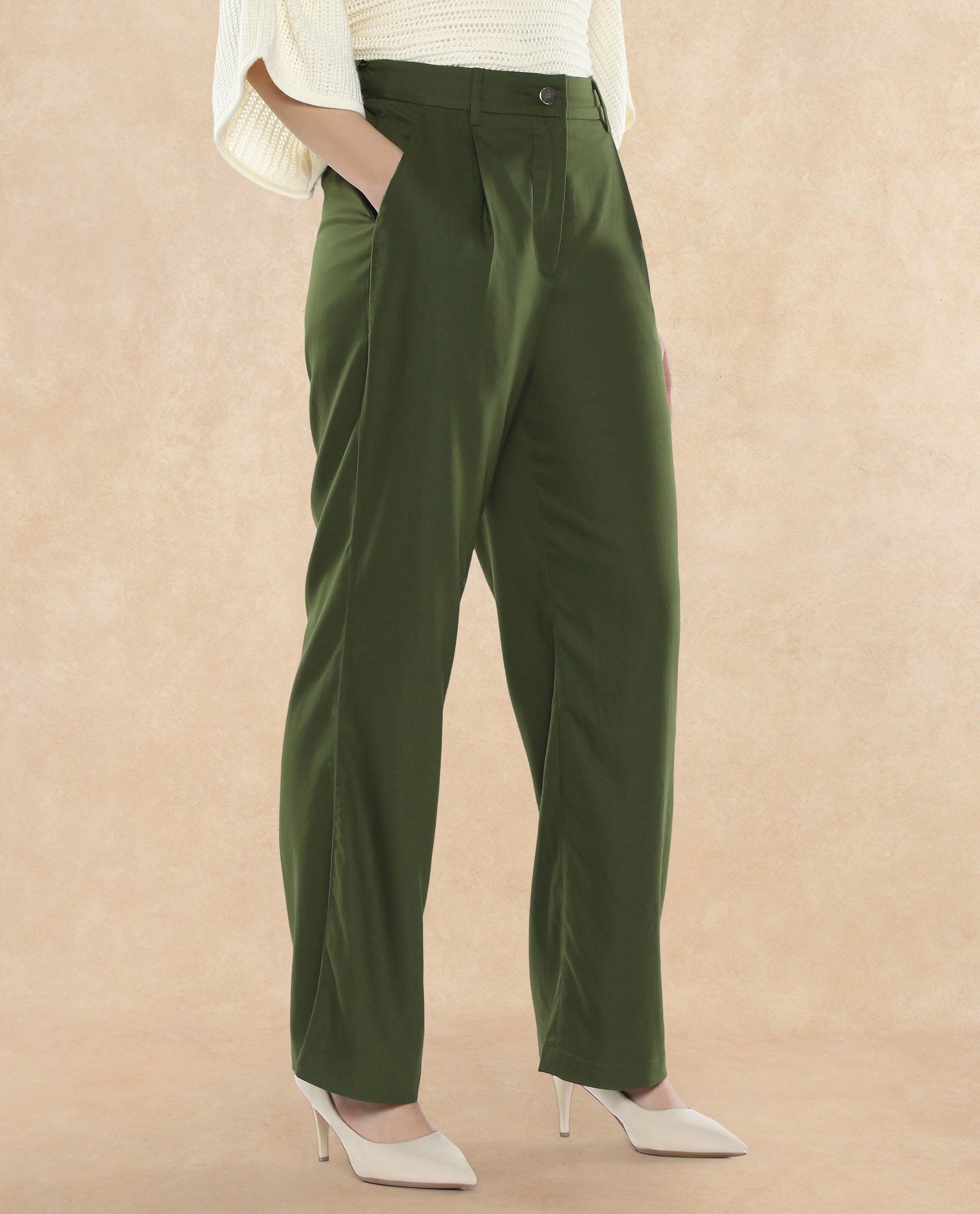 Women's Olive Polyester Plain Ankle Length Wide Trouser