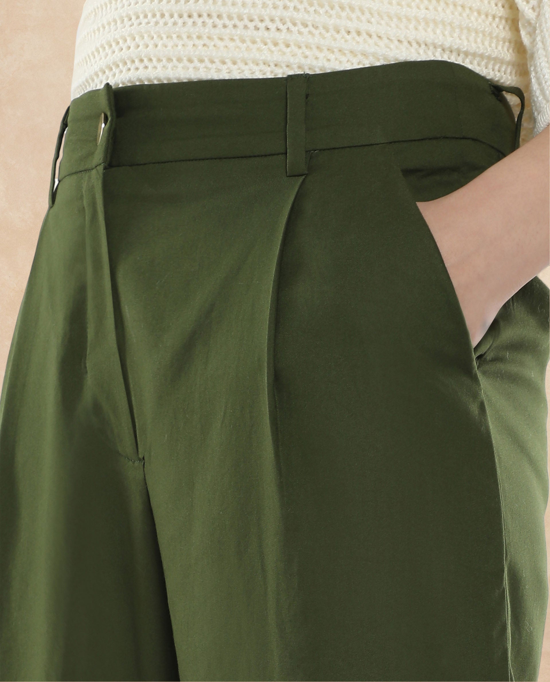 Women's Olive Polyester Plain Ankle Length Wide Trouser