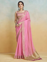 Women's Cotton Blend Pink Woven Design Designer Saree with Blouse Piece