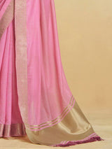 Women's Cotton Blend Pink Woven Design Designer Saree with Blouse Piece