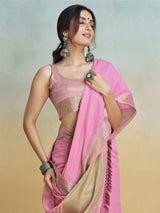 Women's Cotton Blend Pink Woven Design Designer Saree with Blouse Piece
