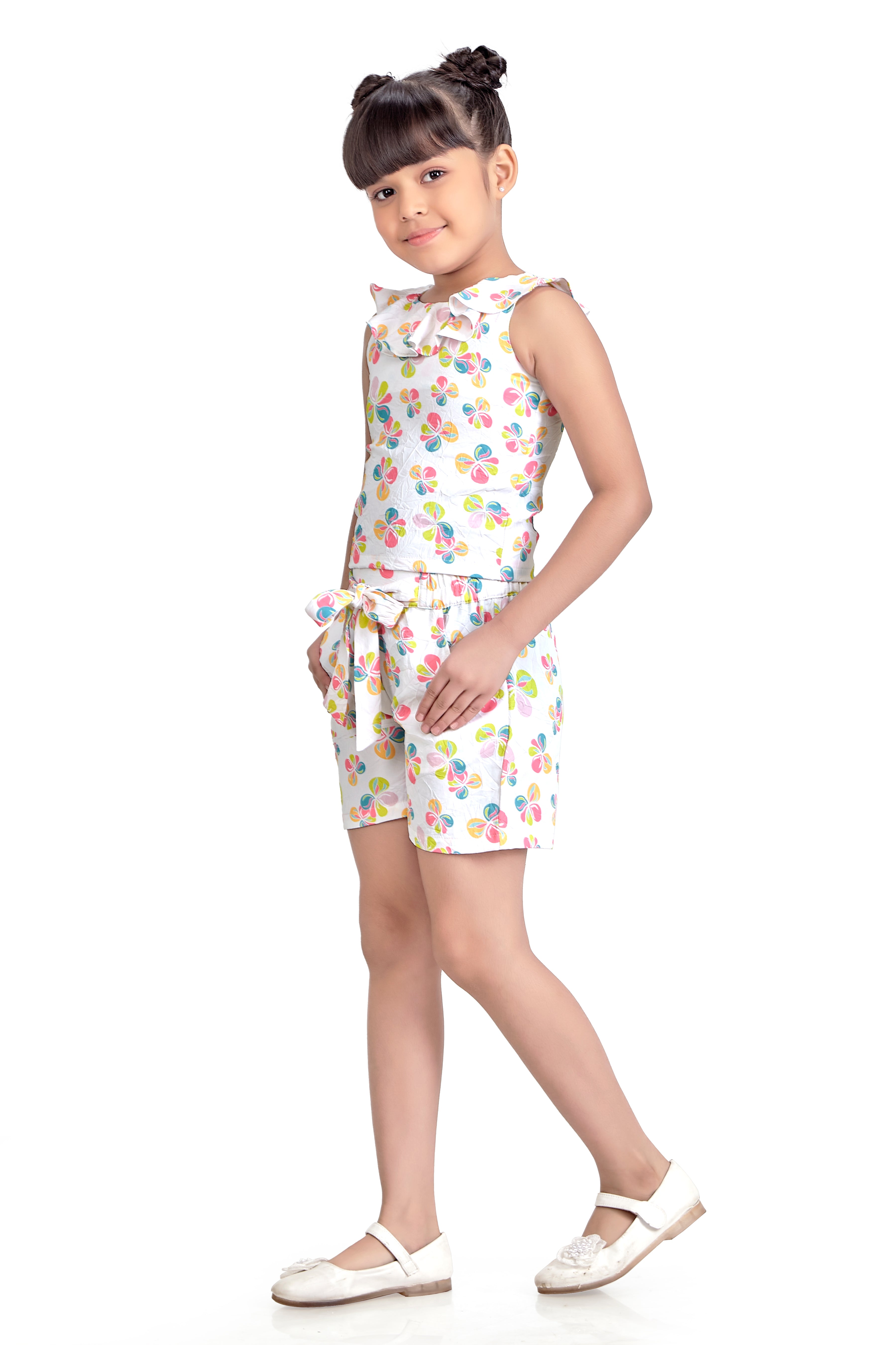 Girls Multicolor Casual Printed Sleeveless Top and Shorts Set