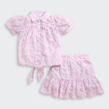 Girls Pink Casual Half Sleeves Top and Skirt Set