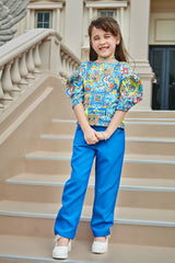 Girls Blue Casual Regular Printed Top and Bottom Set
