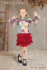 Girls Red Party Regular Printed Top and Skirt Set