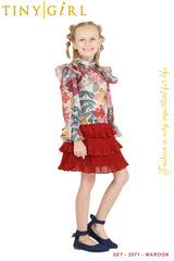 Girls Red Party Regular Printed Top and Skirt Set