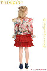Girls Red Party Regular Printed Top and Skirt Set