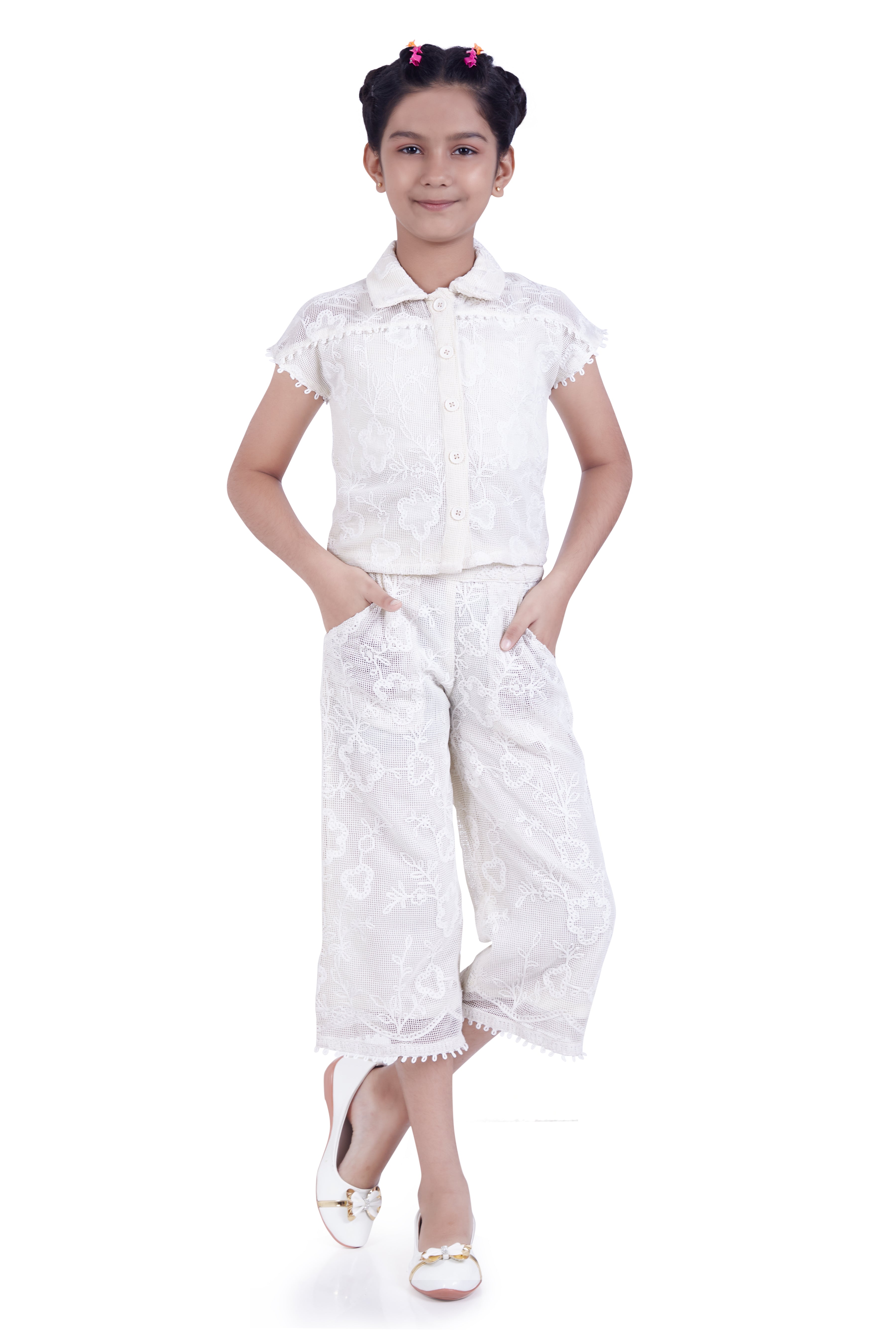 Girls White Casual Printed Half Sleeves Top and Palazzo Set
