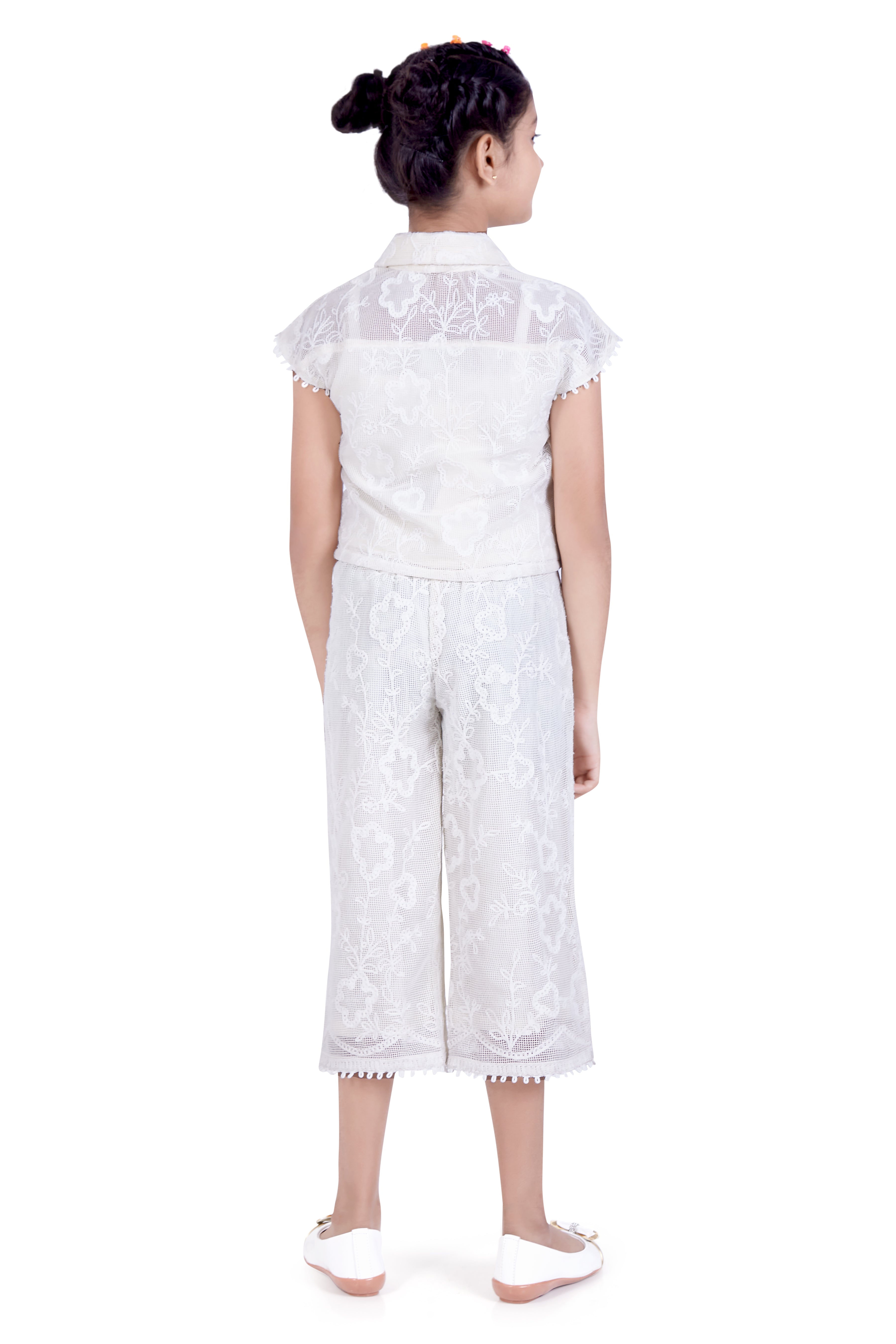 Girls White Casual Printed Half Sleeves Top and Palazzo Set