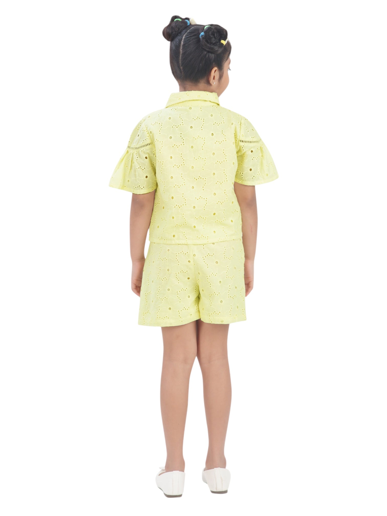 Girls Yellow Casual Embroidered Half Sleeves Top and Shorts Set