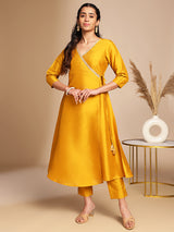Women's Mustard Crepe Silk Solid Wrap Kurta Set