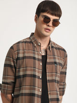 Men's Brown Casual Slim Fit Checked Full Sleeves Shirt