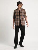Men's Brown Casual Slim Fit Checked Full Sleeves Shirt