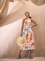 Women's Orange Casual Printed Fit & Flared Sleeveless Dress