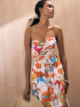 Women's Orange Casual Printed Fit & Flared Sleeveless Dress