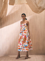 Women's Orange Casual Printed Fit & Flared Sleeveless Dress