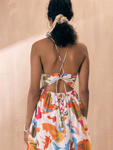 Women's Orange Casual Printed Fit & Flared Sleeveless Dress