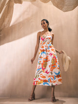 Women's Orange Casual Printed Fit & Flared Sleeveless Dress